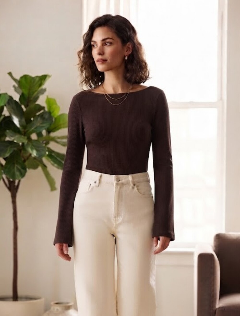 GAP Bell Sleeve Rib Knit Boatneck Top Romantic Basic Clean Girl Aesthetic